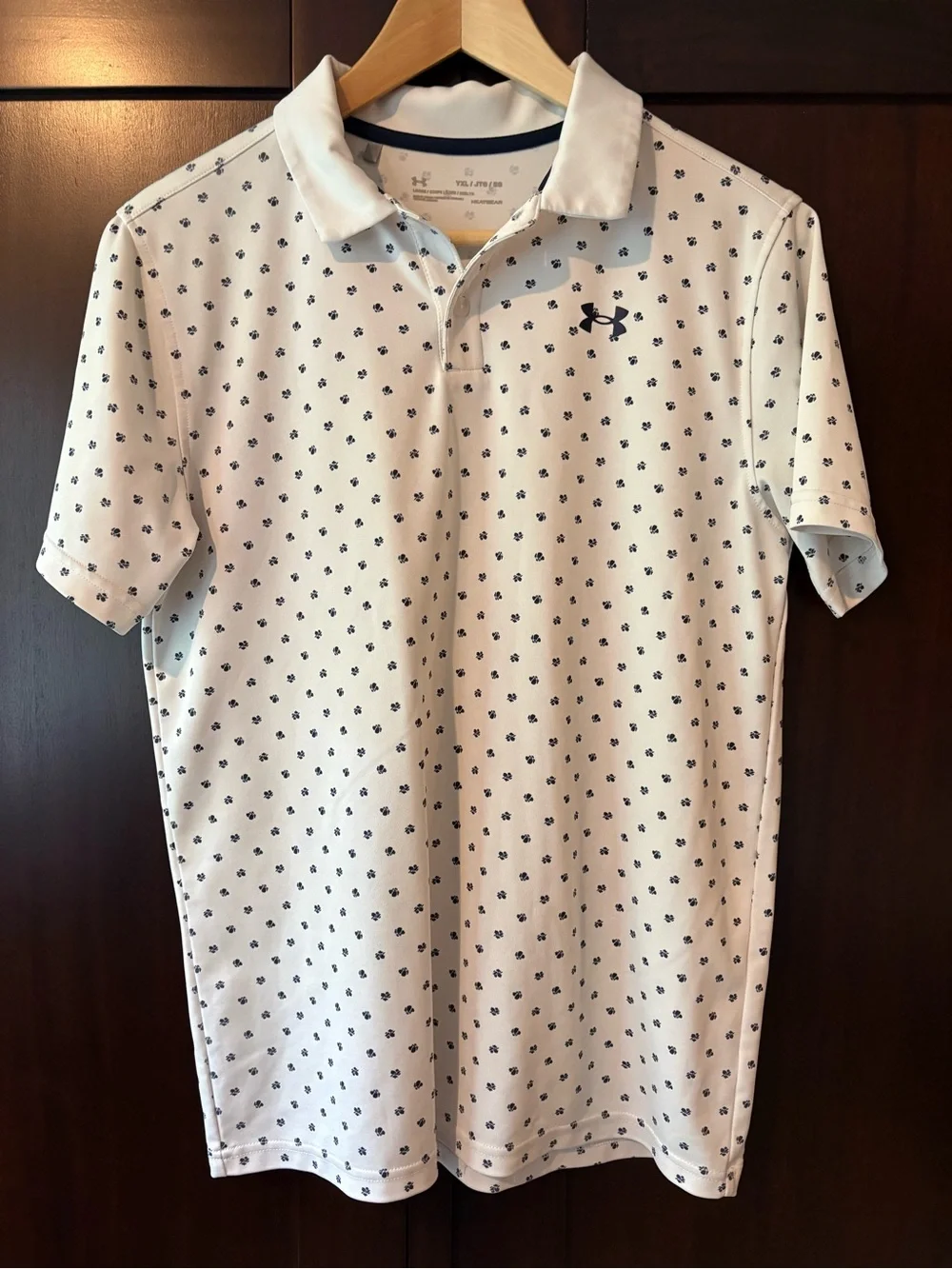 Boy’s Under Armour White Polo with Navy Micro Dot Print